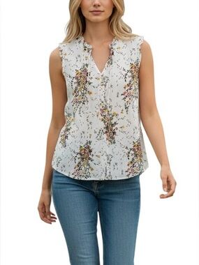 Market & Spruce Floral Sleeveless Top Womens 2X  White Buttons Cottagecore Comfy